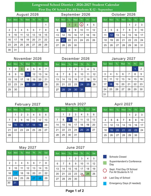 Longwood Central School District CSD 2026–2027 Academic Calendar Page 1
