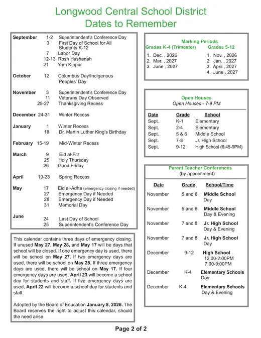 Longwood Central School District CSD 2026–2027 Academic Calendar Page 2