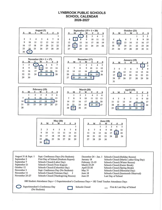 Lynbrook Public Schools UFSD 2026–2027 Academic Calendar