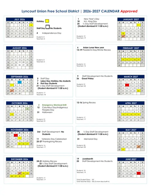 Lyncourt Union Free School District UFSD 2026–2027 Academic Calendar
