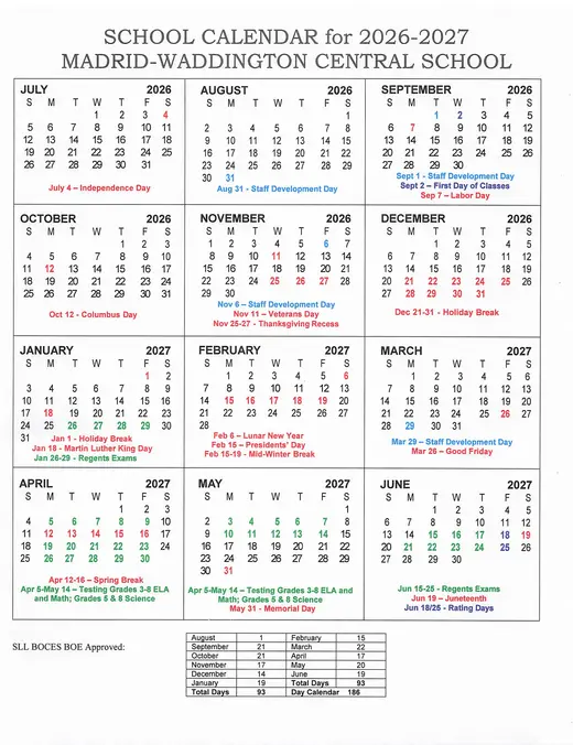Madrid-Waddington Central School CSD 2026–2027 Academic Calendar
