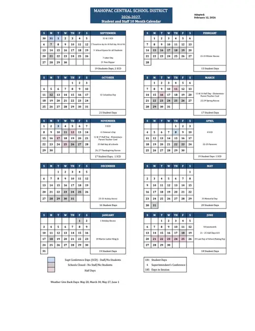 Mahopac Central School District 2026–2027 Academic Calendar Page 2