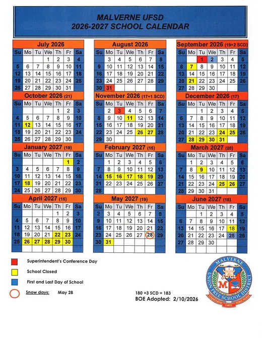 Malverne UFSD 2026–2027 Academic Calendar