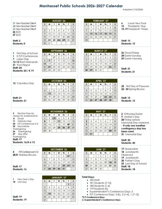 Manhasset Union Free School District 2026–2027 Academic Calendar