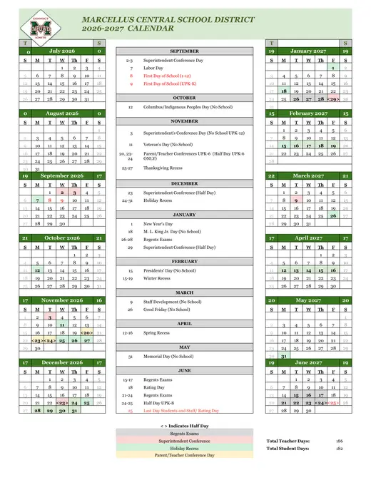 Marcellus Central School District 2026–2027 Academic Calendar