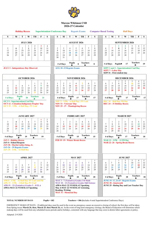 Marcus Whitman CSD 2026–2027 Academic Calendar