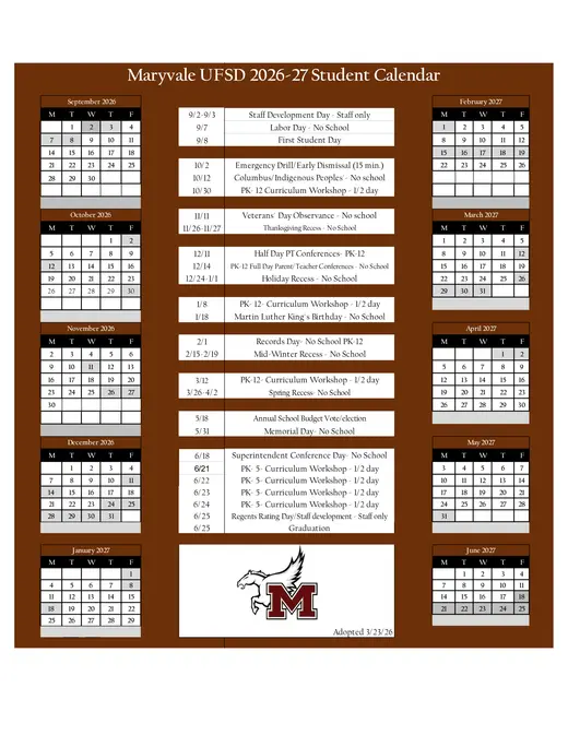 Maryvale UFSD 2026–2027 Academic Calendar