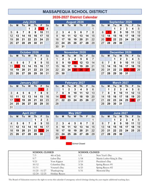 Massapequa Union Free School District 2026–2027 Academic Calendar