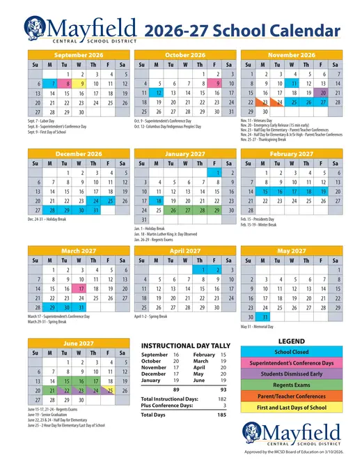 Mayfield Central School District 2026–2027 Academic Calendar