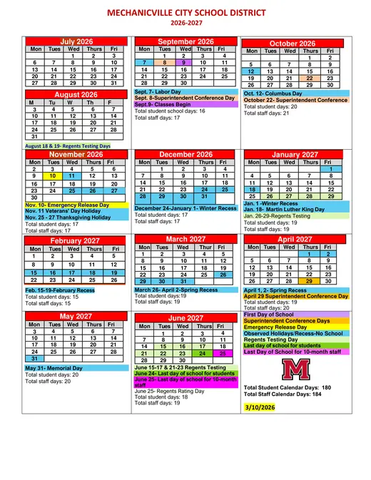 Mechanicville City School District 2026–2027 Academic Calendar
