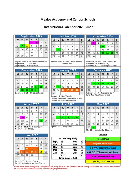 Mexico Academy and Central Schools 2026–2027 Academic Calendar
