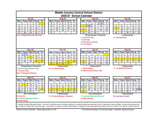 Middle Country Central School District 2026–2027 Academic Calendar