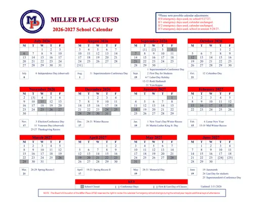 Miller Place Union Free School District 2026–2027 Academic Calendar