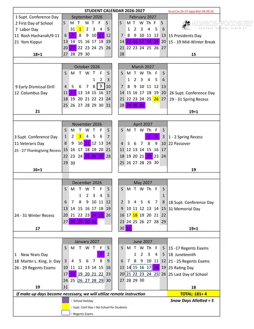 Monroe-Woodbury Central School District 2026–2027 Academic Calendar