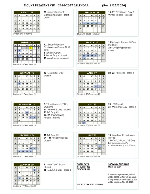 Mount Pleasant CSD 2026–2027 Academic Calendar