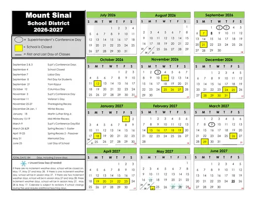 Mount Sinai Union Free School District 2026–2027 Academic Calendar