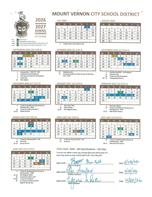 Mount Vernon City School District 2026–2027 Academic Calendar Page 1