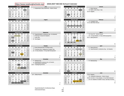 Necsd 2026–2027 Academic Calendar Page 1