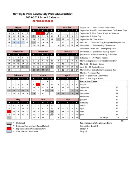 New Hyde Park-Garden City Park Union Free School District 2026–2027 Academic Calendar