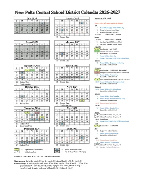New Paltz Central School District 2026–2027 Academic Calendar