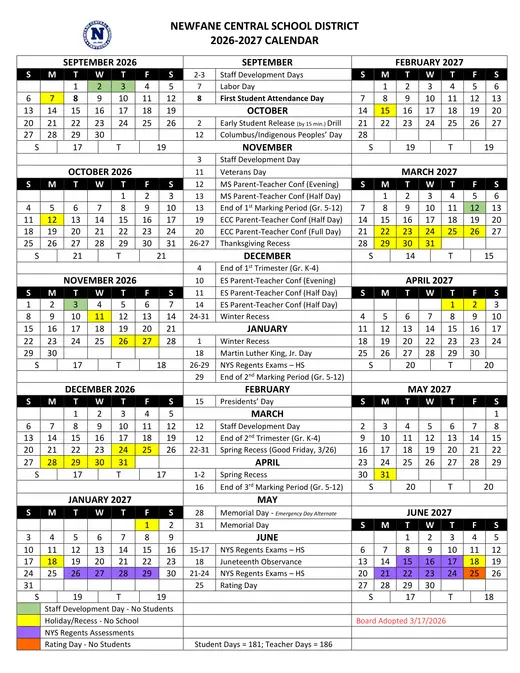 Newfane Central School District 2026–2027 Academic Calendar