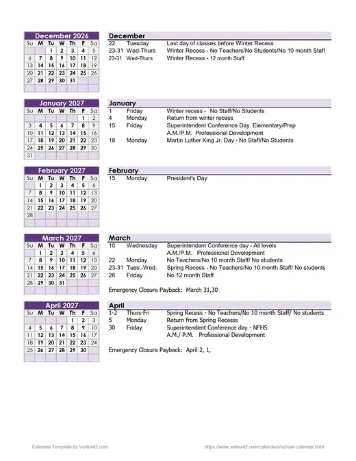 Niagara Falls City School District 2026–2027 Academic Calendar Page 2