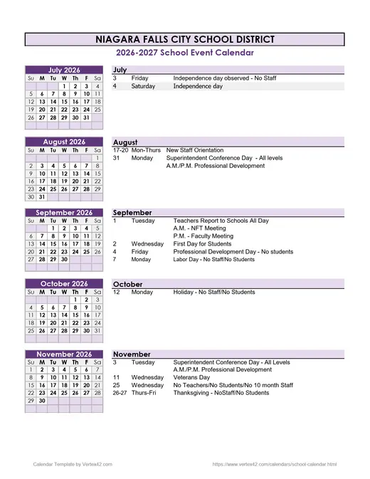 Niagara Falls City School District 2026–2027 Academic Calendar Page 1