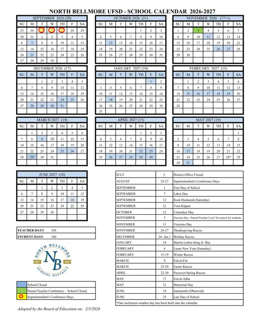 North Bellmore UFSD 2026–2027 Academic Calendar