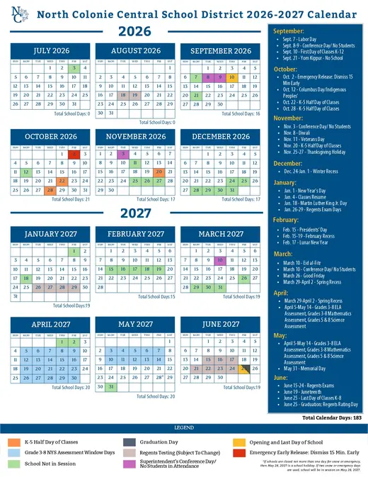 North Colonie Central School District 2026–2027 Academic Calendar