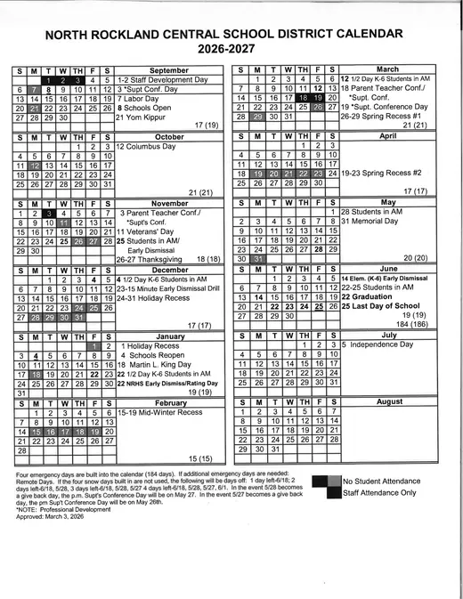 North Rockland Central School District 2026–2027 Academic Calendar