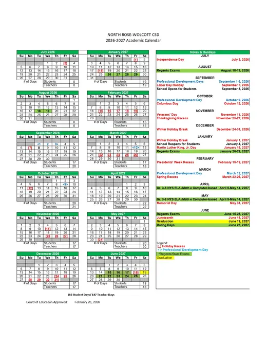 North Rose-Wolcott CSD 2026–2027 Academic Calendar