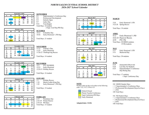 North Salem Central School District 2026–2027 Academic Calendar