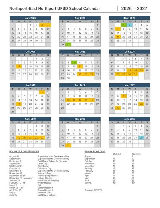 Northport-East Northport Union Free School District 2026–2027 Academic Calendar