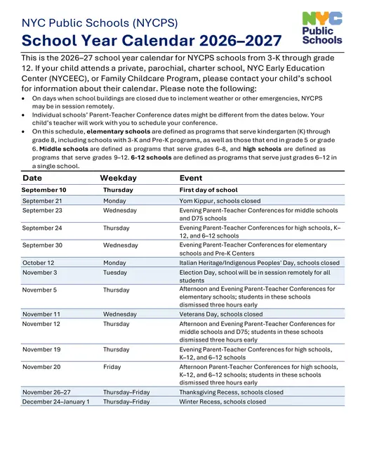 NYC Public Schools NYC DOE 2026–2027 Academic Calendar Page 1