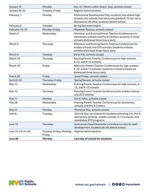 NYC Public Schools NYC DOE 2026–2027 Academic Calendar Page 2