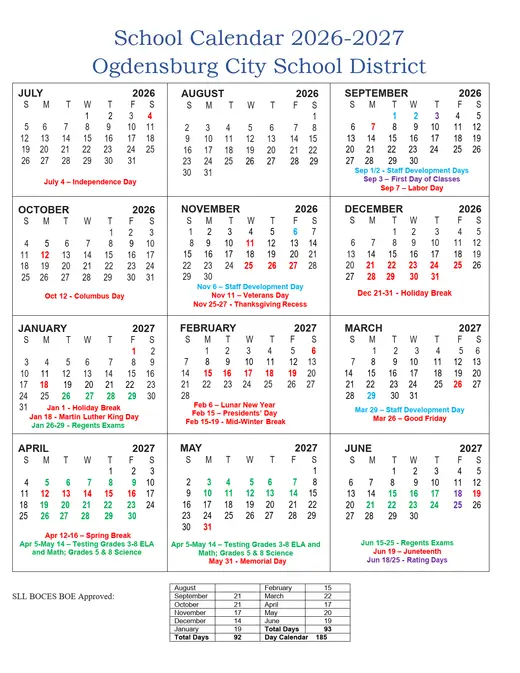 Ogdensburg City School District 2026–2027 Academic Calendar Page 1