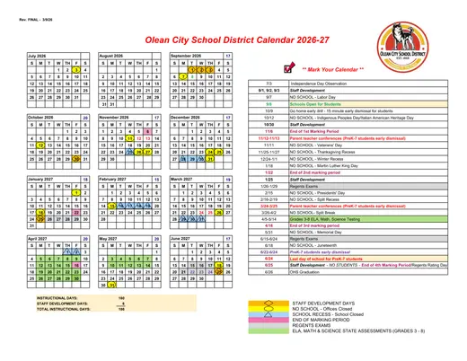 Olean City School District 2026–2027 Academic Calendar