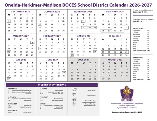 Oneida-Herkimer-Madison BOCES School District 2026–2027 Academic Calendar Page 2