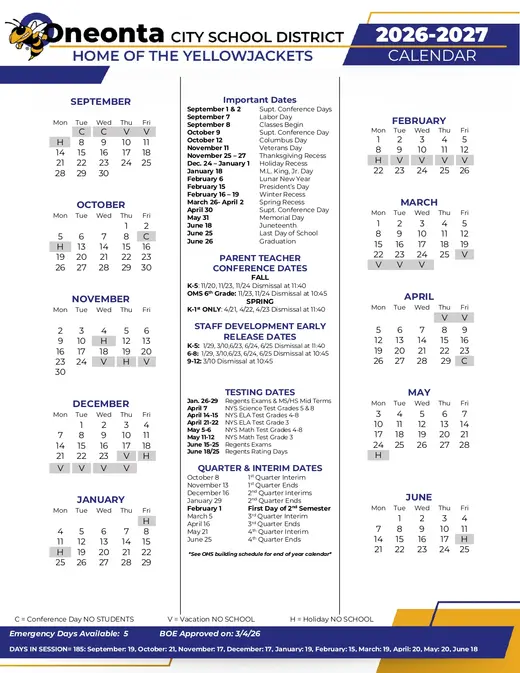 Oneonta City School District 2026–2027 Academic Calendar