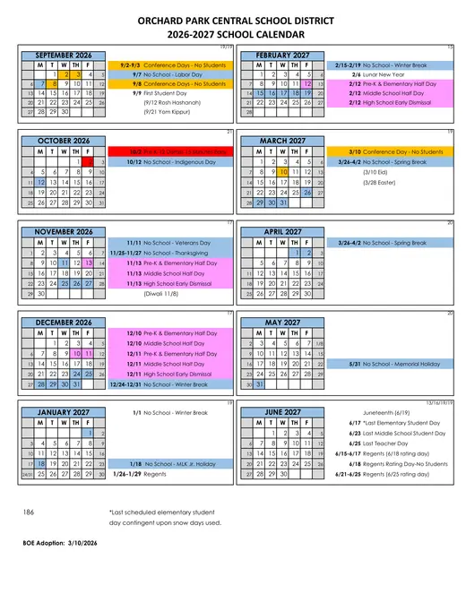 Orchard Park Central School District 2026–2027 Academic Calendar