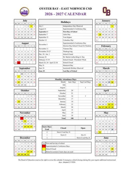Oyster Bay-East Norwich Central School District 2026–2027 Academic Calendar