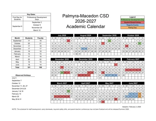 Palmyra-Macedon Central School District 2026–2027 Academic Calendar