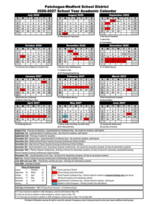 Patchogue-Medford Union Free School District 2026–2027 Academic Calendar