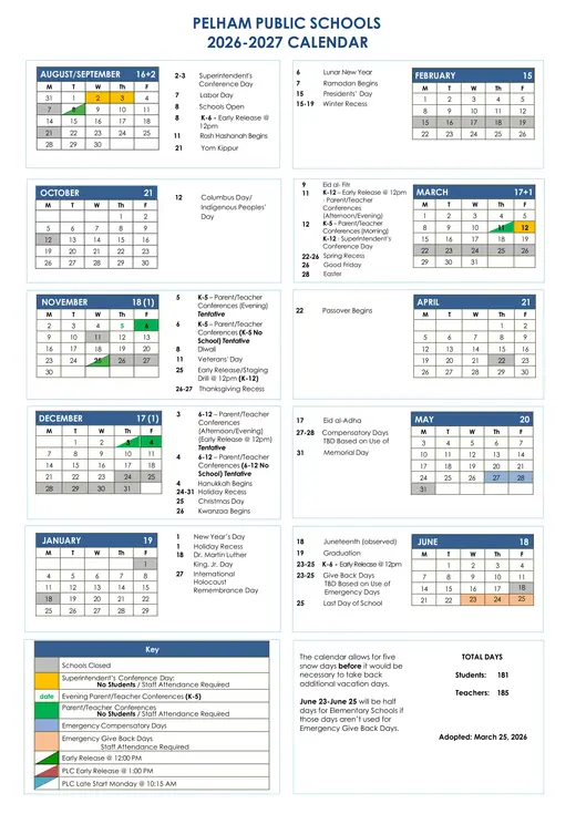 Pelham Union Free School District 2026–2027 Academic Calendar