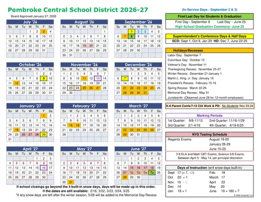 Pembroke Central School District 2026–2027 Academic Calendar