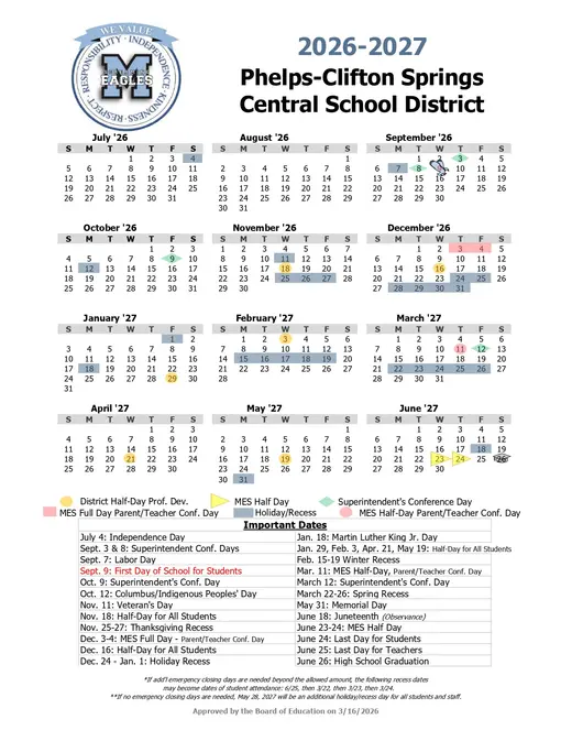 Phelps-Clifton Springs Central School District 2026–2027 Academic Calendar