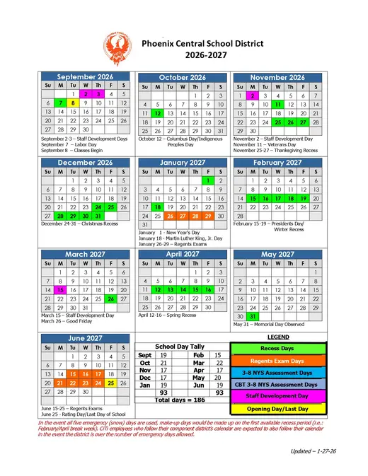 Phoenix Central School District 2026–2027 Academic Calendar