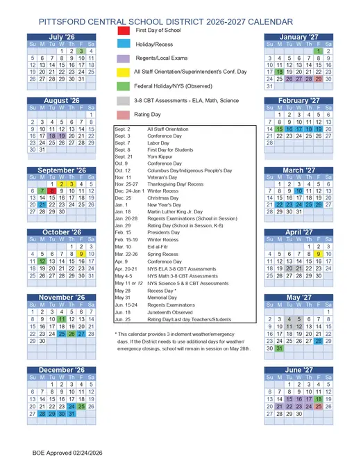Pittsford Central School District 2026–2027 Academic Calendar