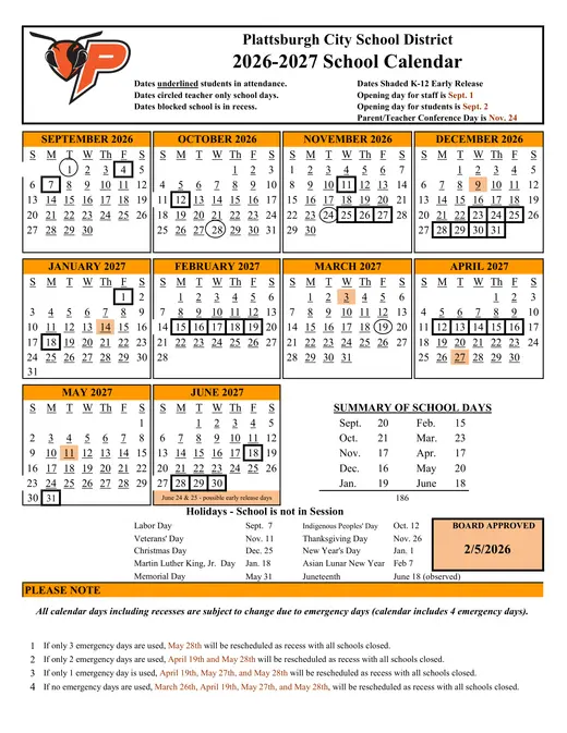 Plattsburgh City School District 2026–2027 Academic Calendar