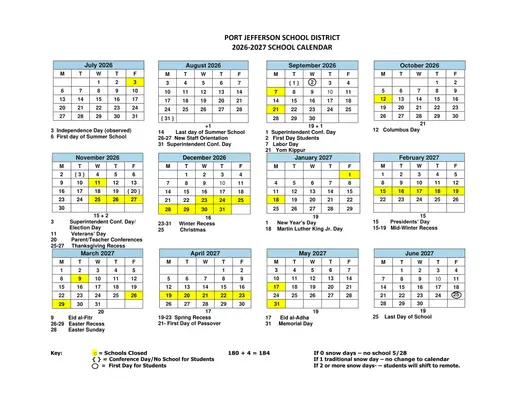 Port Jefferson Union Free School District 2026–2027 Academic Calendar